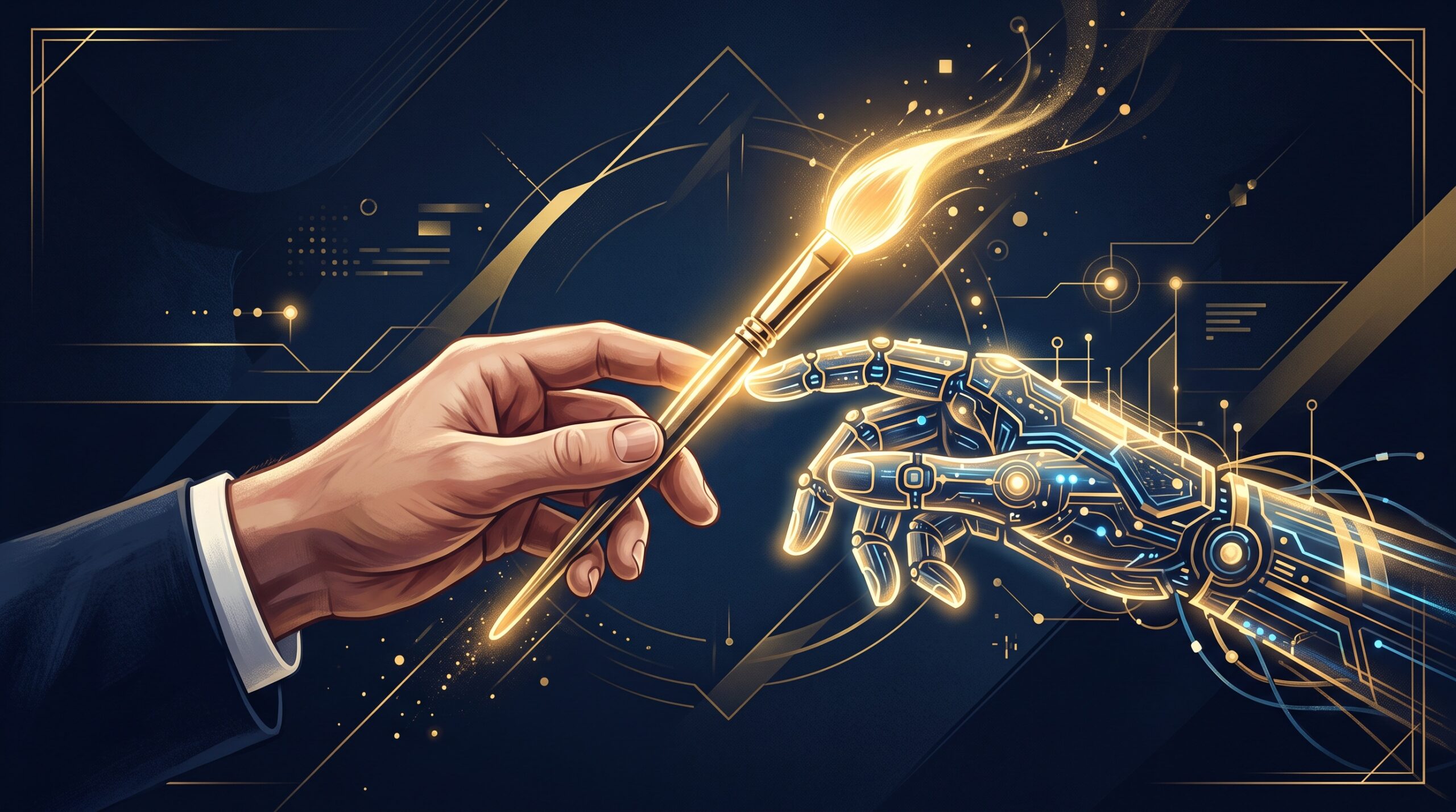 A human hand and an AI hand reaching for the same paintbrush