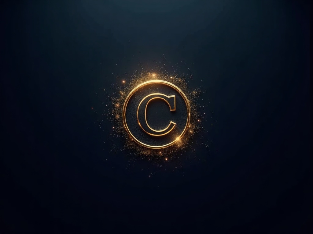 A gold copyright seal dissolving into pixels