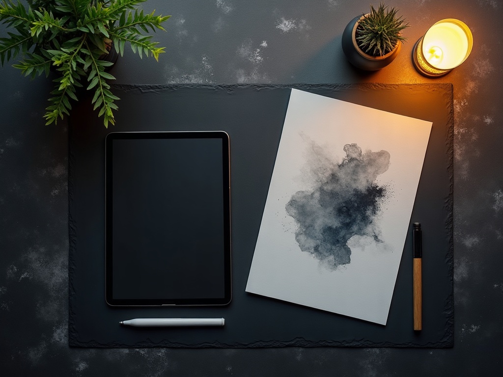 An artist workspace with tablet, stylus and a document