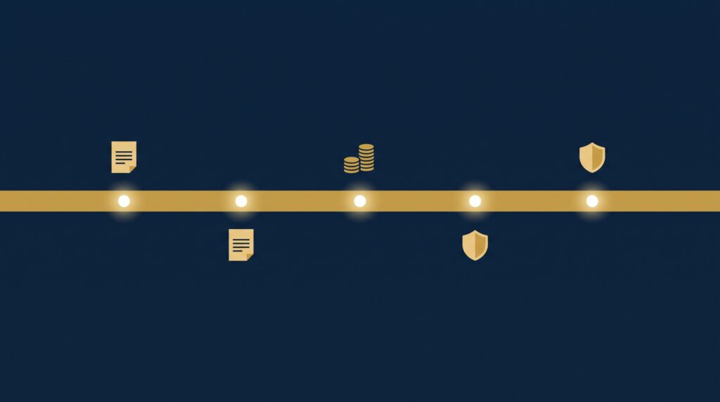 A gold timeline ribbon with milestone dots representing a year of AI copyright developments