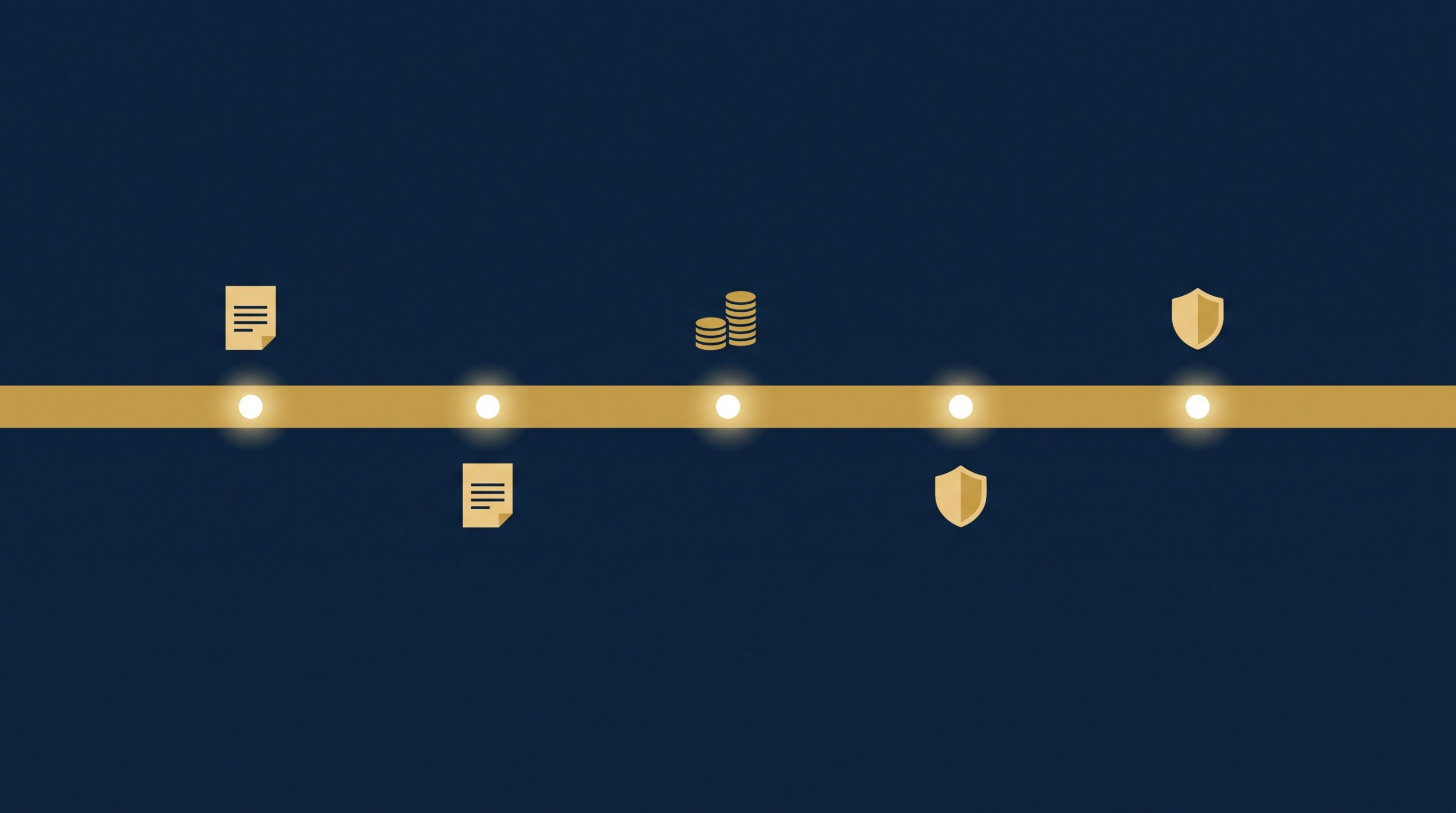 A gold timeline ribbon with milestone dots representing a year of AI copyright developments