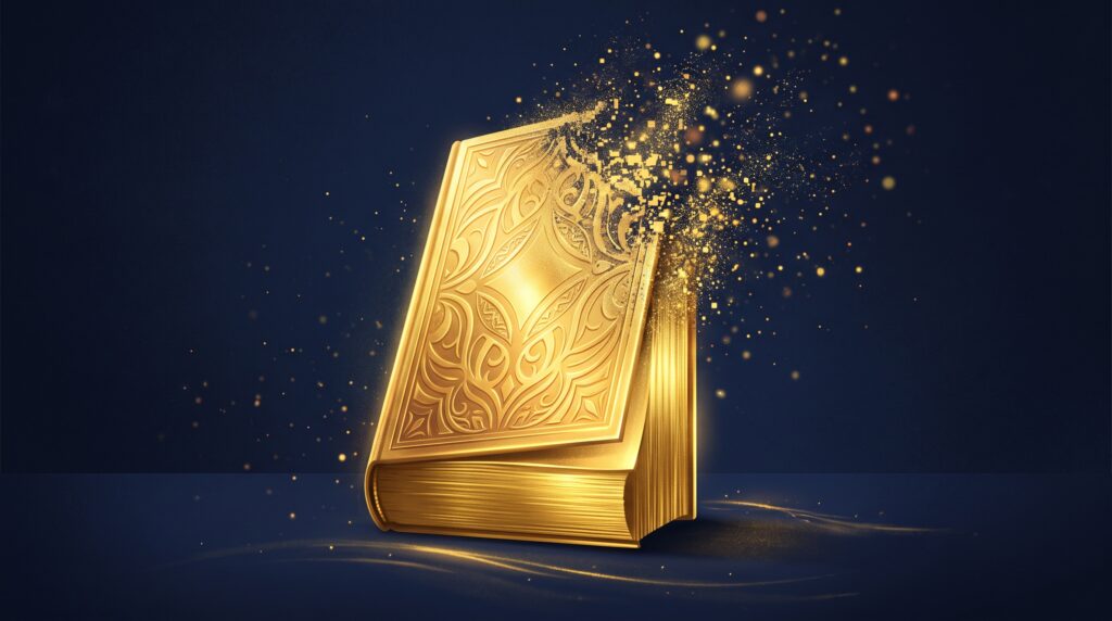 A gold book whose cover is dissolving into drifting pixels while its pages stay solid