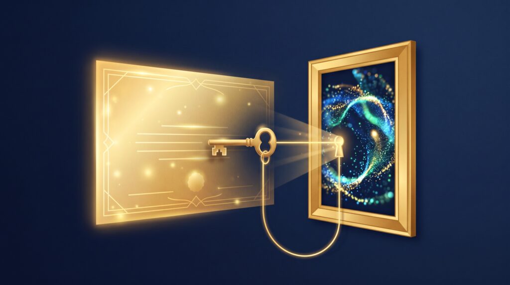 A gold license document with a key unlocking a separate framed AI-generated image