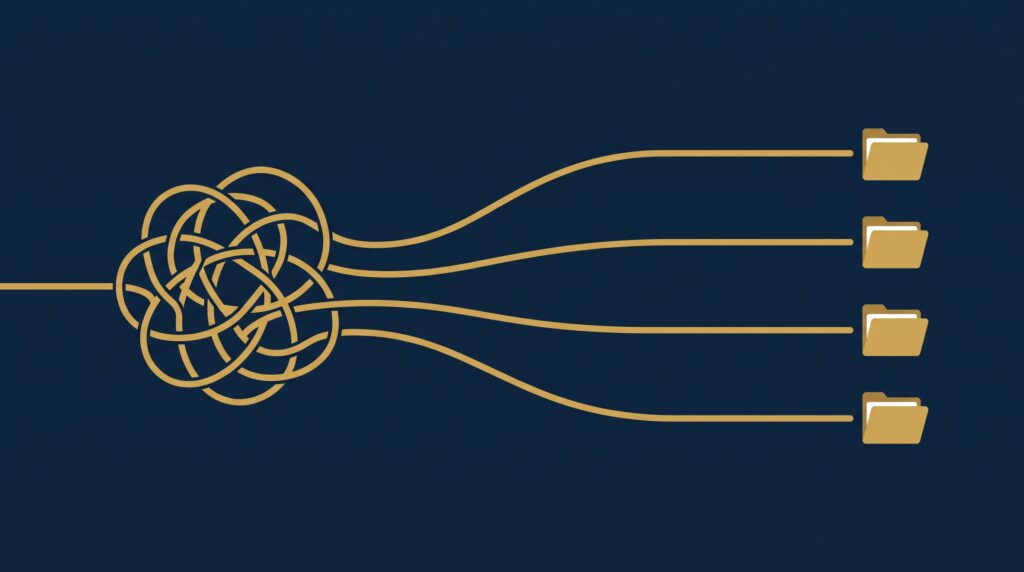 A single tangled gold knot unravelling into four separate threads, each ending in a case-folder icon, representing four distinct lawsuits often confused as one