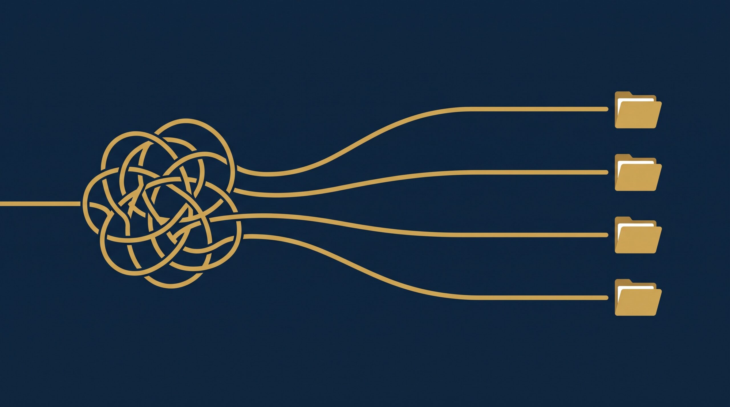 A single tangled gold knot unravelling into four separate threads, each ending in a case-folder icon, representing four distinct lawsuits often confused as one