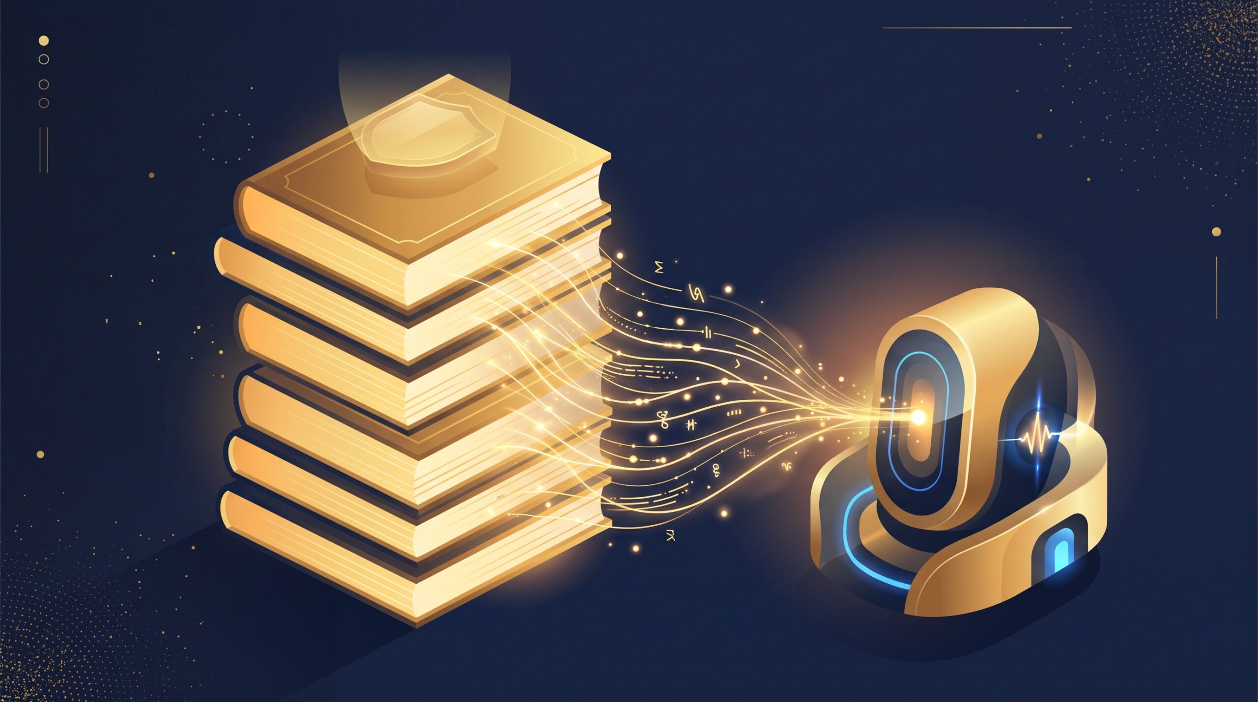 A stack of gold-edged books dissolving into data flowing toward a machine, with a gold shield over the top book