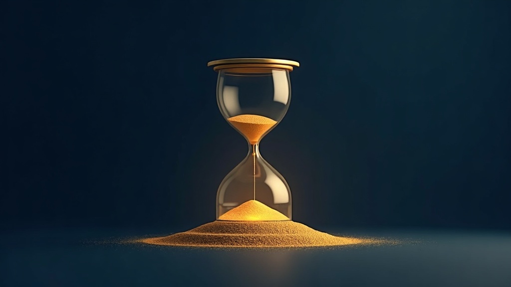A gold hourglass nearly empty in front of a closed door, with a faint glow in the last grains of sand