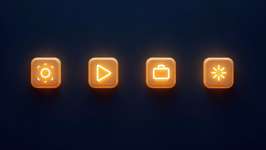 Four abstract gold app tiles in a row, each with a small toggle switch in a different position