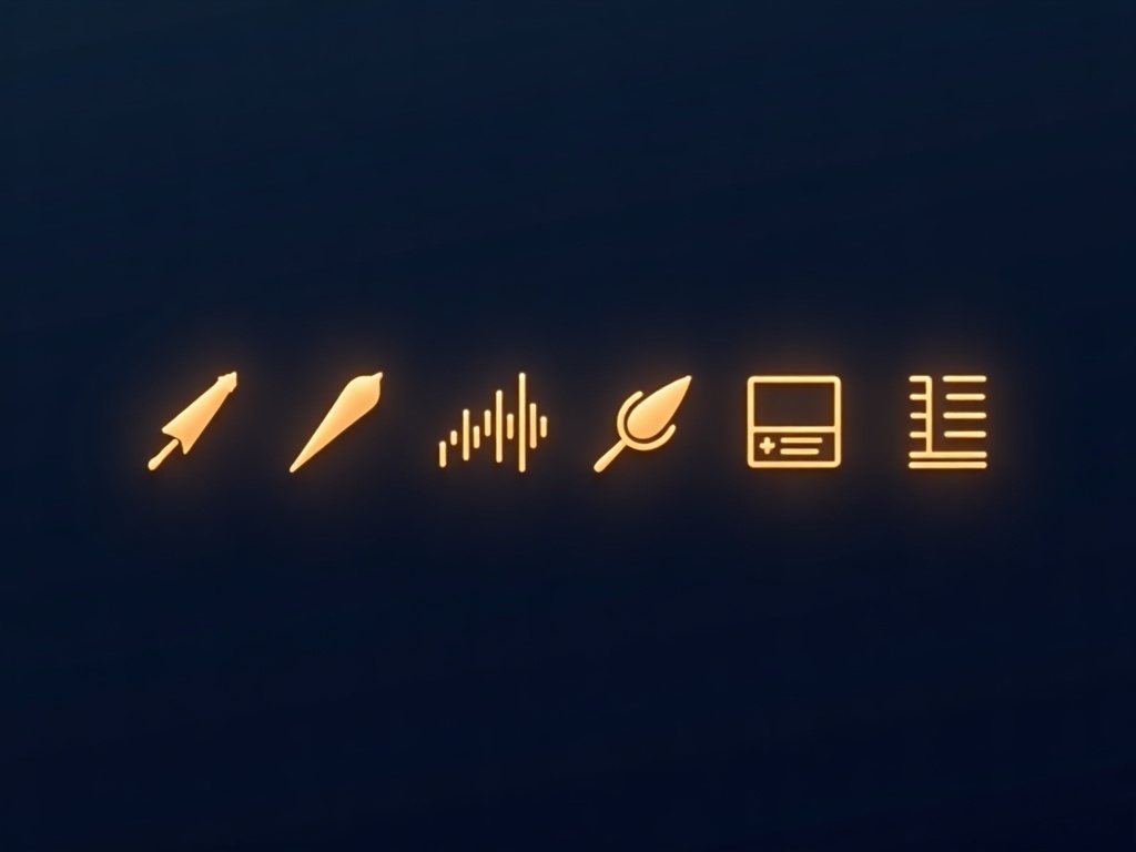 Gold icons for writing, art, music, video and code on a navy background