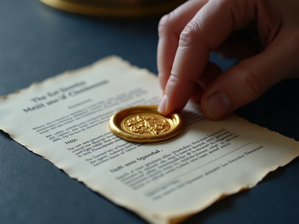 A human hand stamping a gold seal on a document that fades to pixels