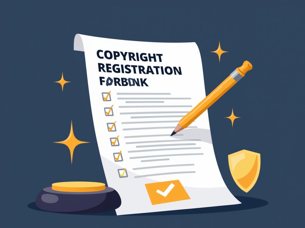 A stylized copyright registration checklist with a gold checkmark and shield