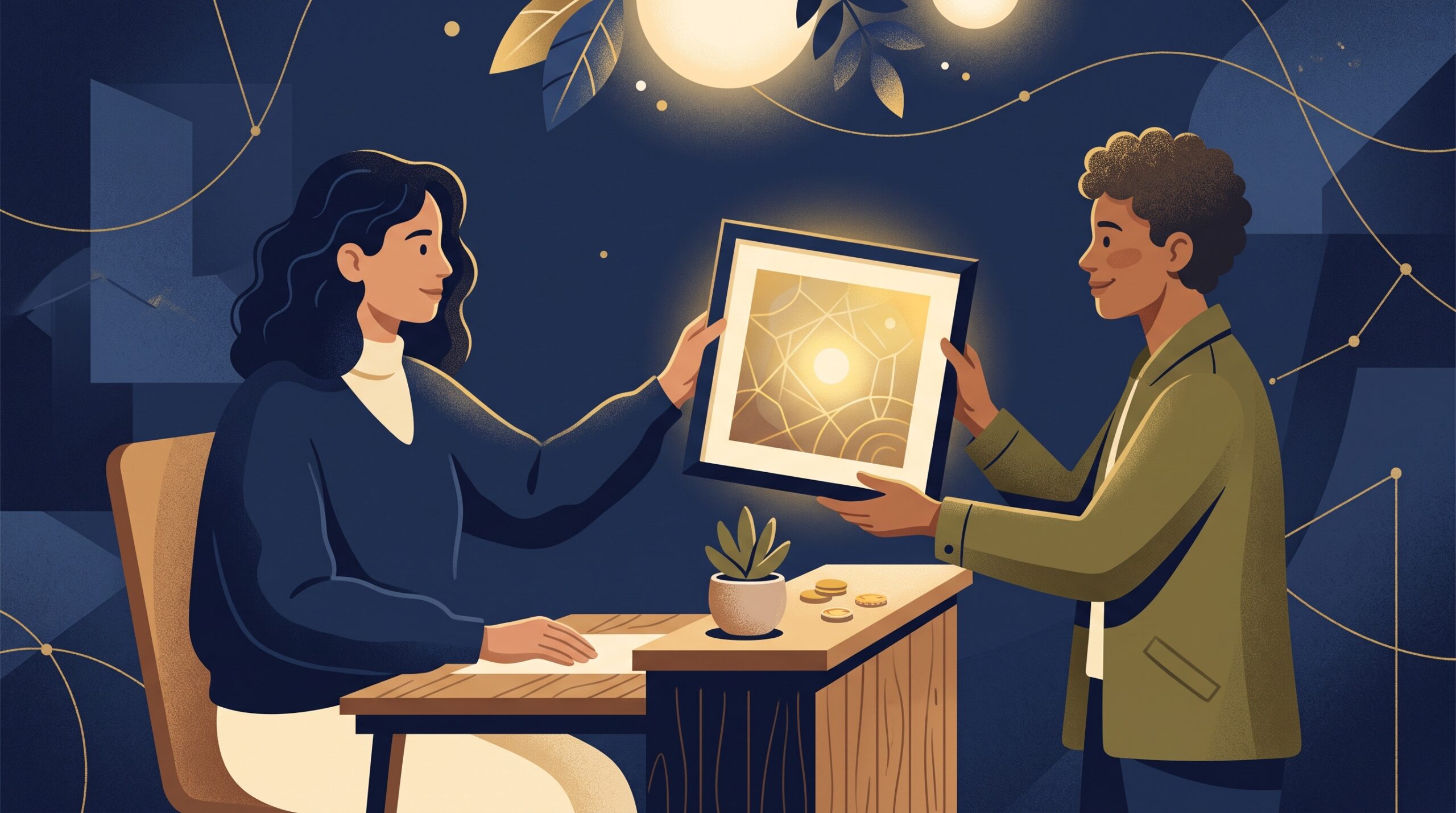 A creator selling a piece of AI-generated art to a buyer