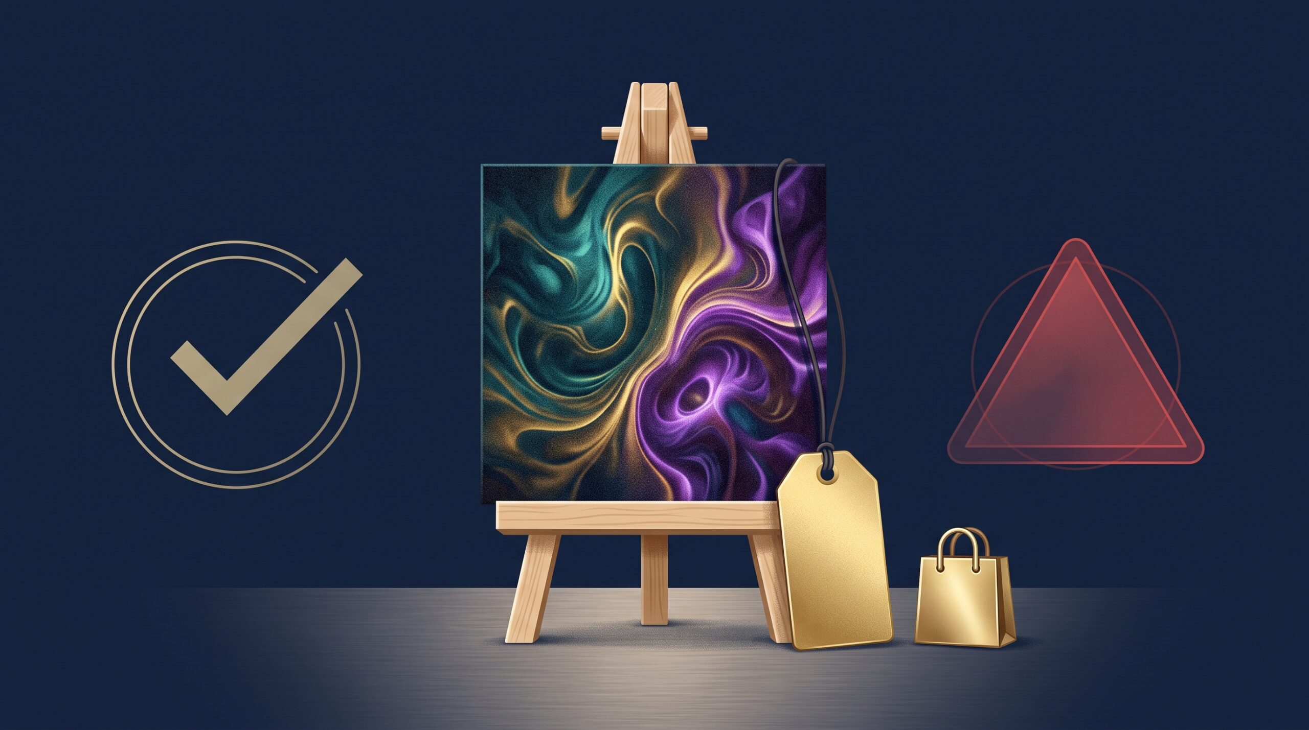 An AI artwork with a price tag, flanked by a permission checkmark and a caution triangle