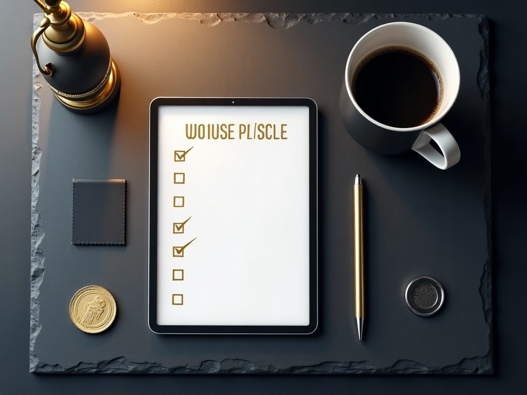 A seller's desk with a checklist, a license page, product mockups, and a gold seal