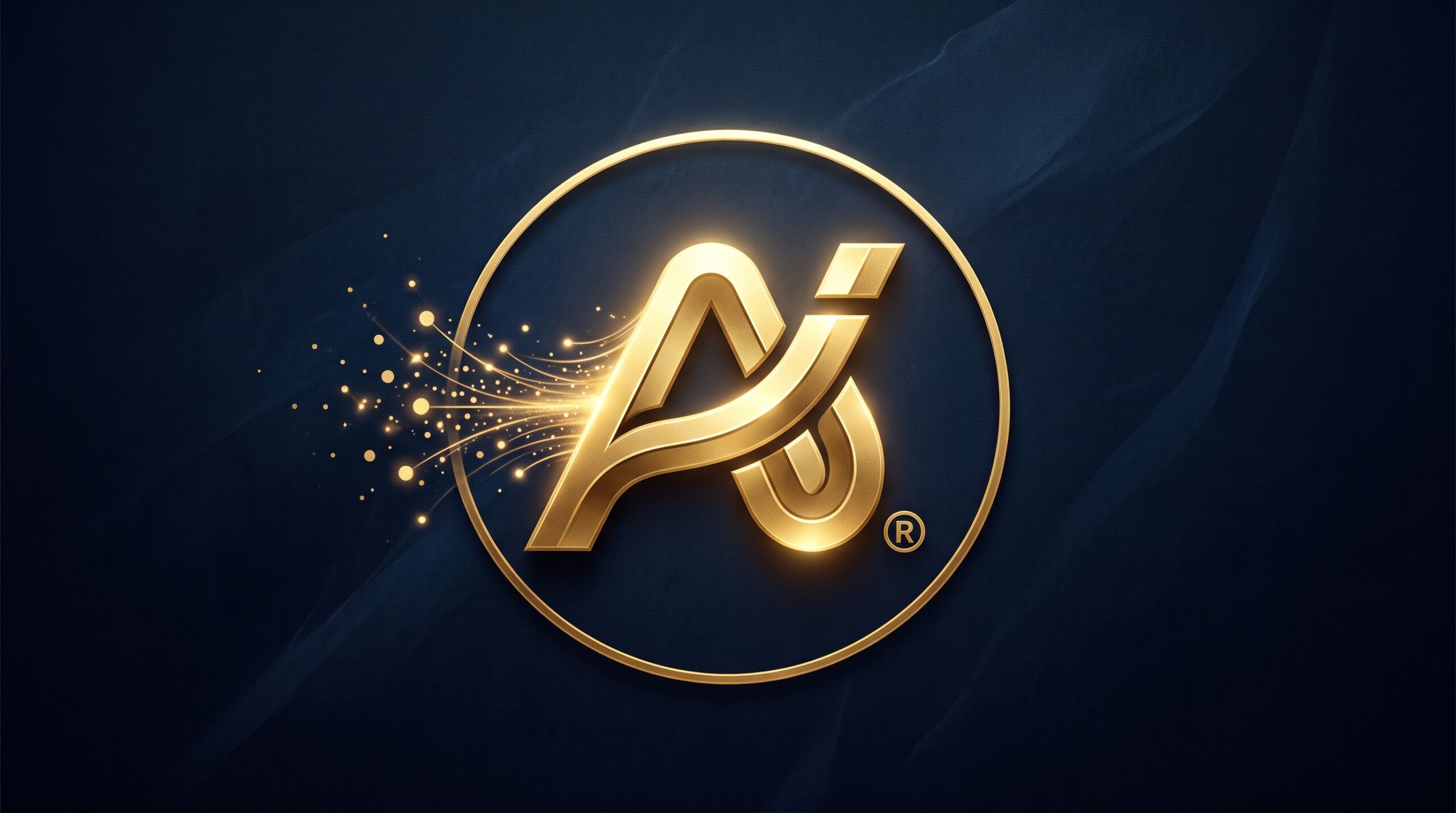 A gold abstract logo inside a registered-trademark seal, with faint generative sparks feeding into it