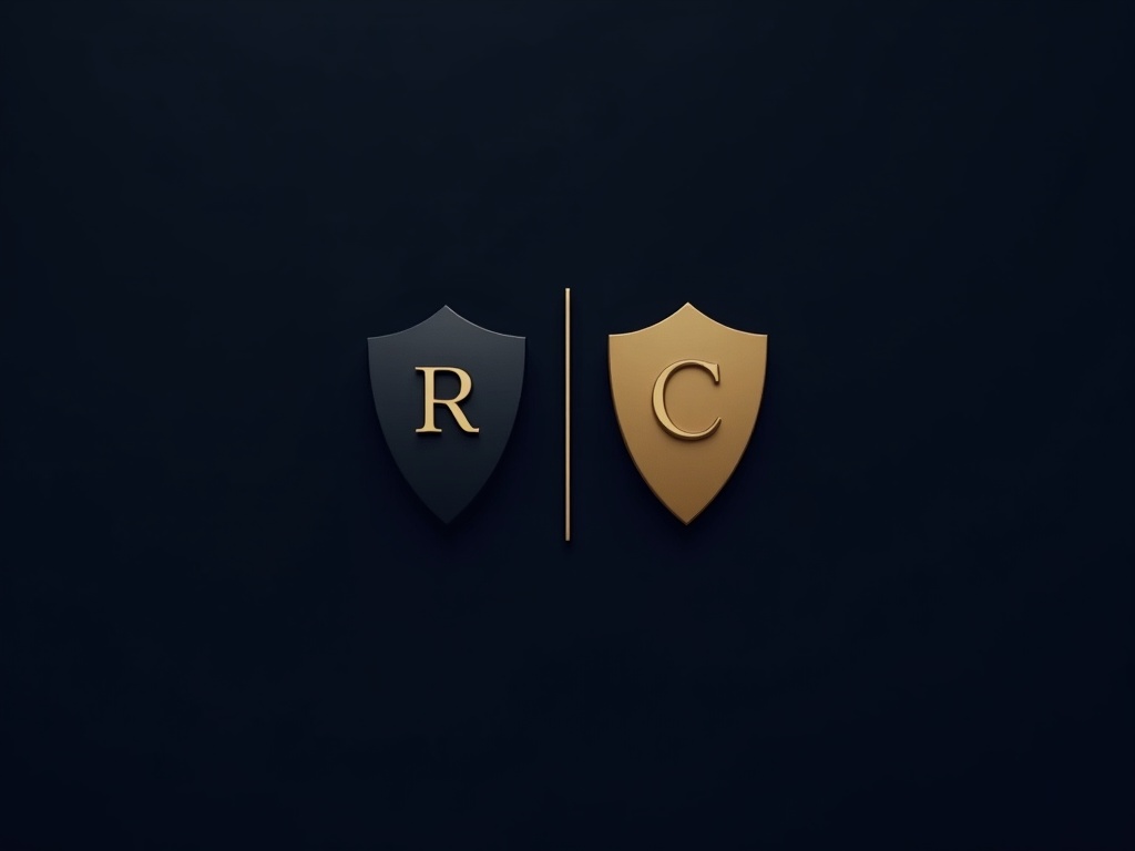 Two gold shields side by side, one marked with a trademark R symbol and one with a copyright C symbol