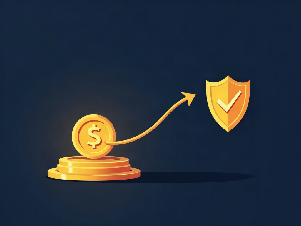 A gold coin pulled back by an arrow while a shield with a checkmark blocks its path, representing a chargeback defense