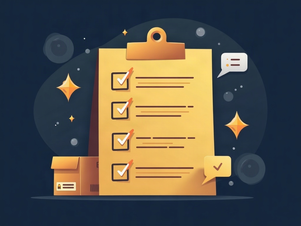 A gold checklist card with checkmarks beside a shipping box, camera, and chat-bubble icon, representing a seller-protection routine
