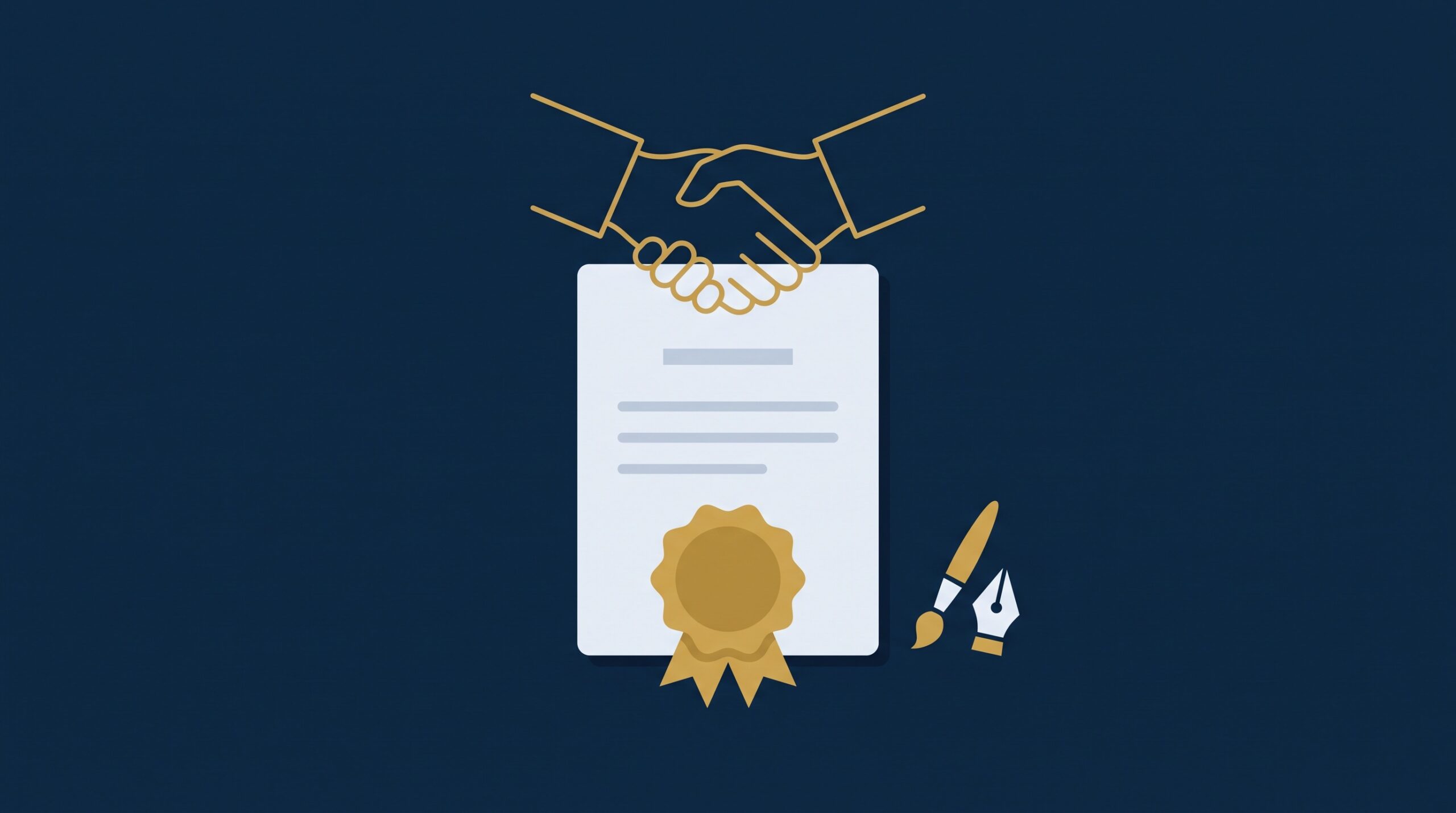 A gold-sealed agreement document with a handshake motif and artist's tools