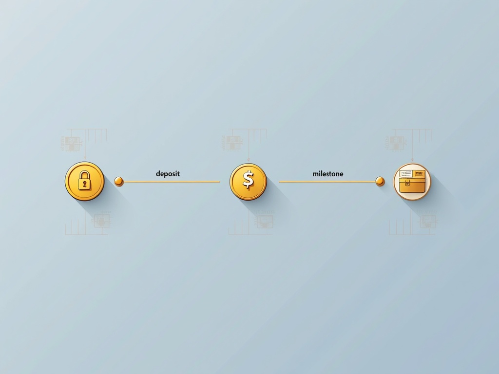 A gold payment timeline showing a deposit, a milestone, and final delivery