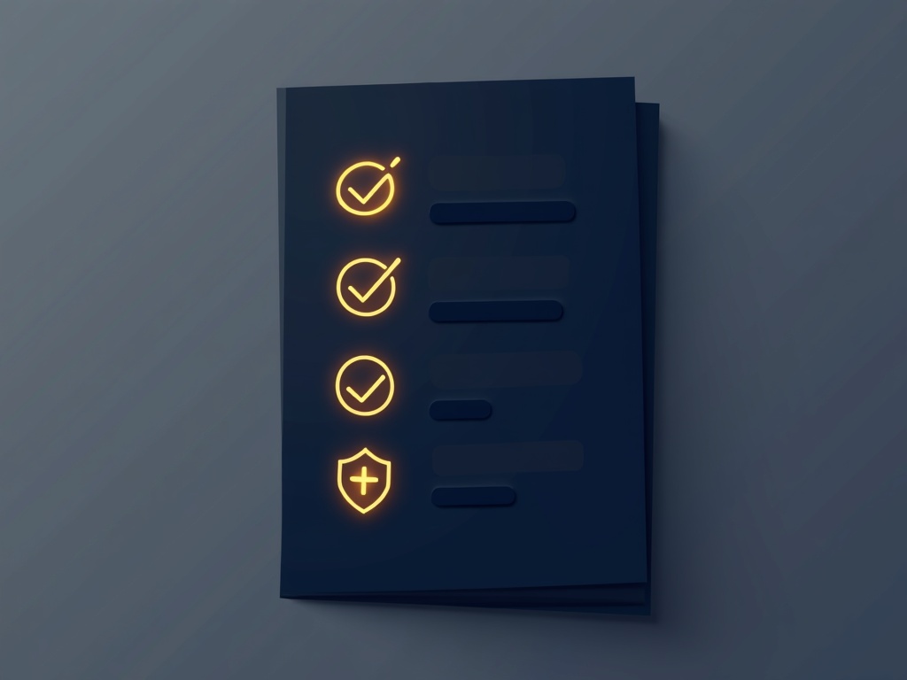 A gold checklist card with icons for scope, payment, revisions, rights, and protection