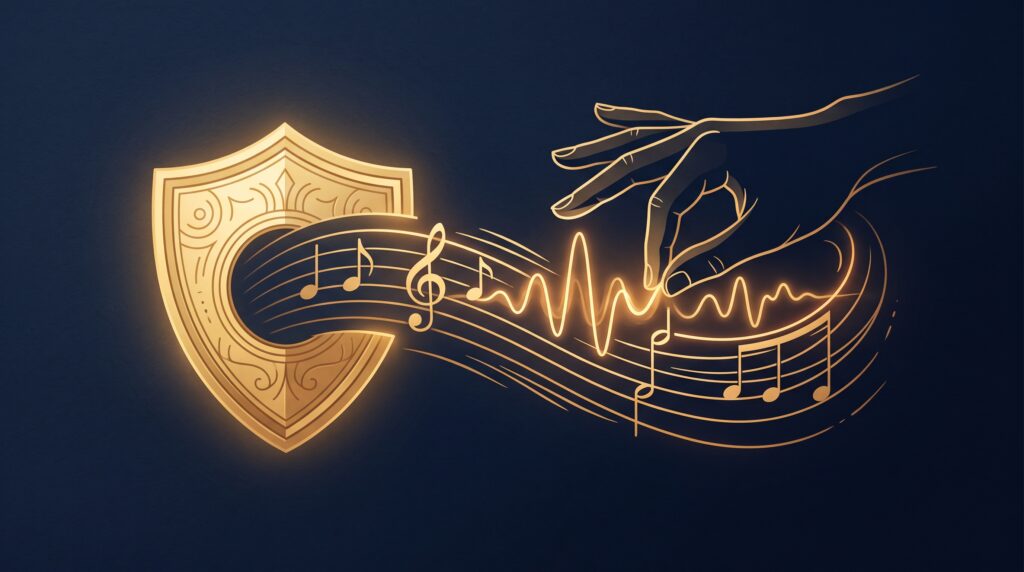 A human hand shaping a melody and sound wave that flows into a protective gold seal