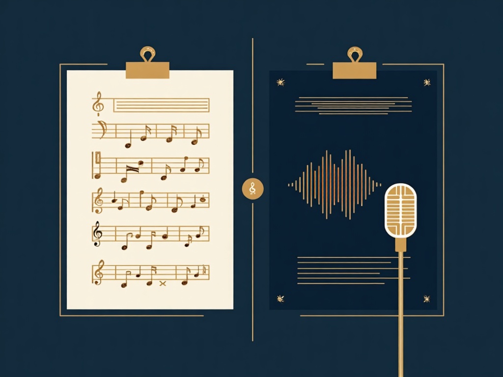 Two panels showing a written composition on one side and a recorded performance on the other