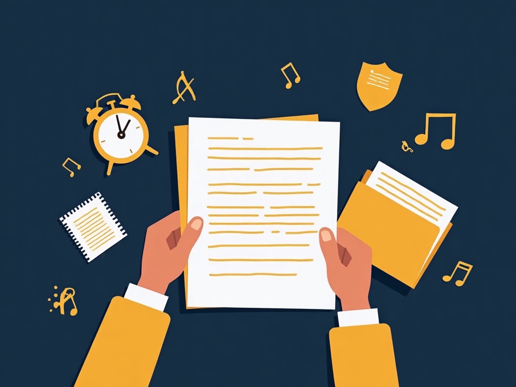 A musician organizing handwritten lyrics, session notes, and stem files as proof of authorship