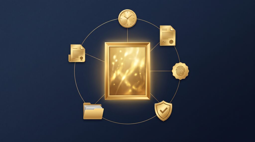 A gold artwork at the center surrounded by orbiting evidence icons connected by thin lines