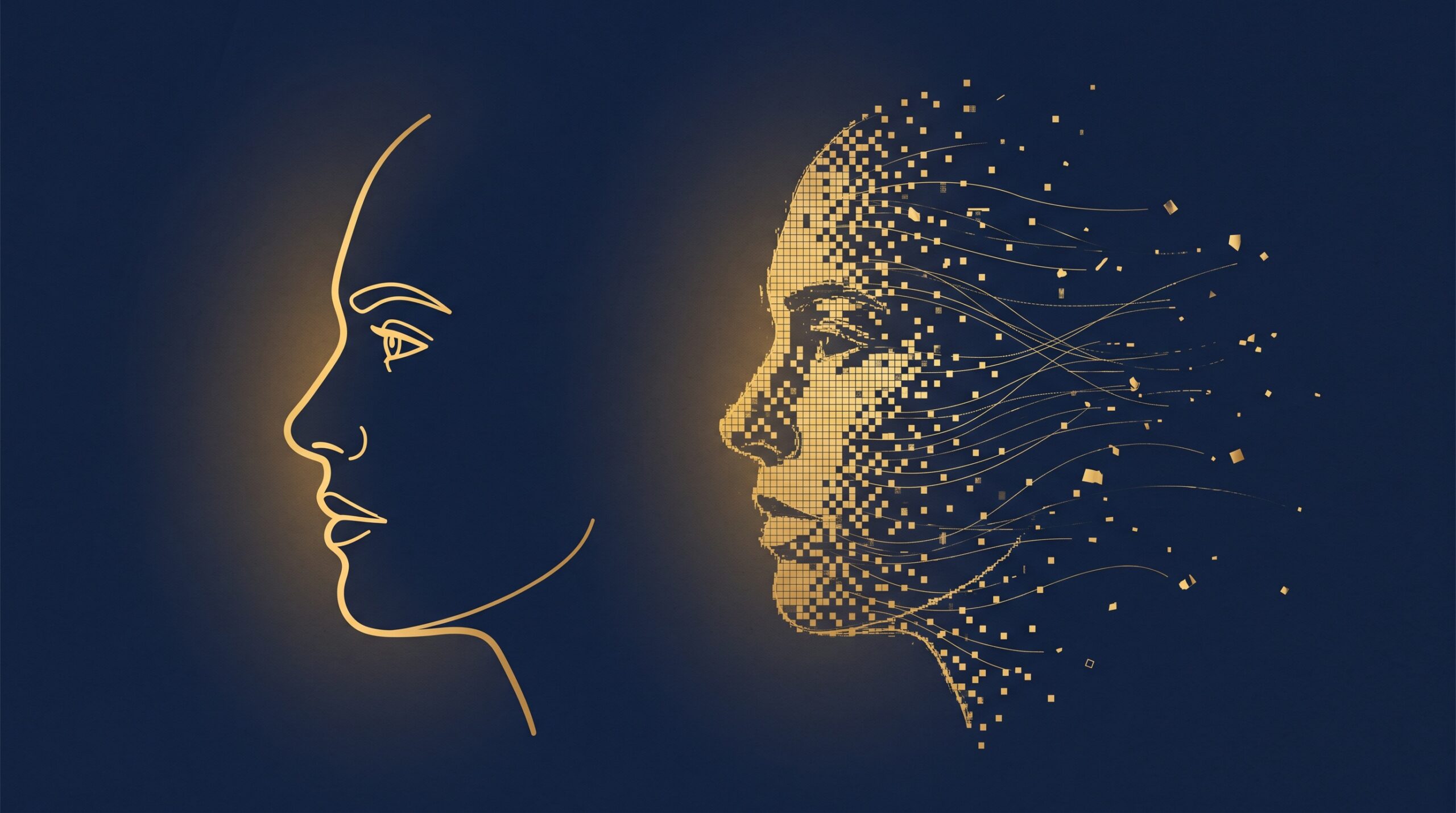 A gold line-art face beside a fragmenting pixelated copy of the same face, symbolising a deepfake