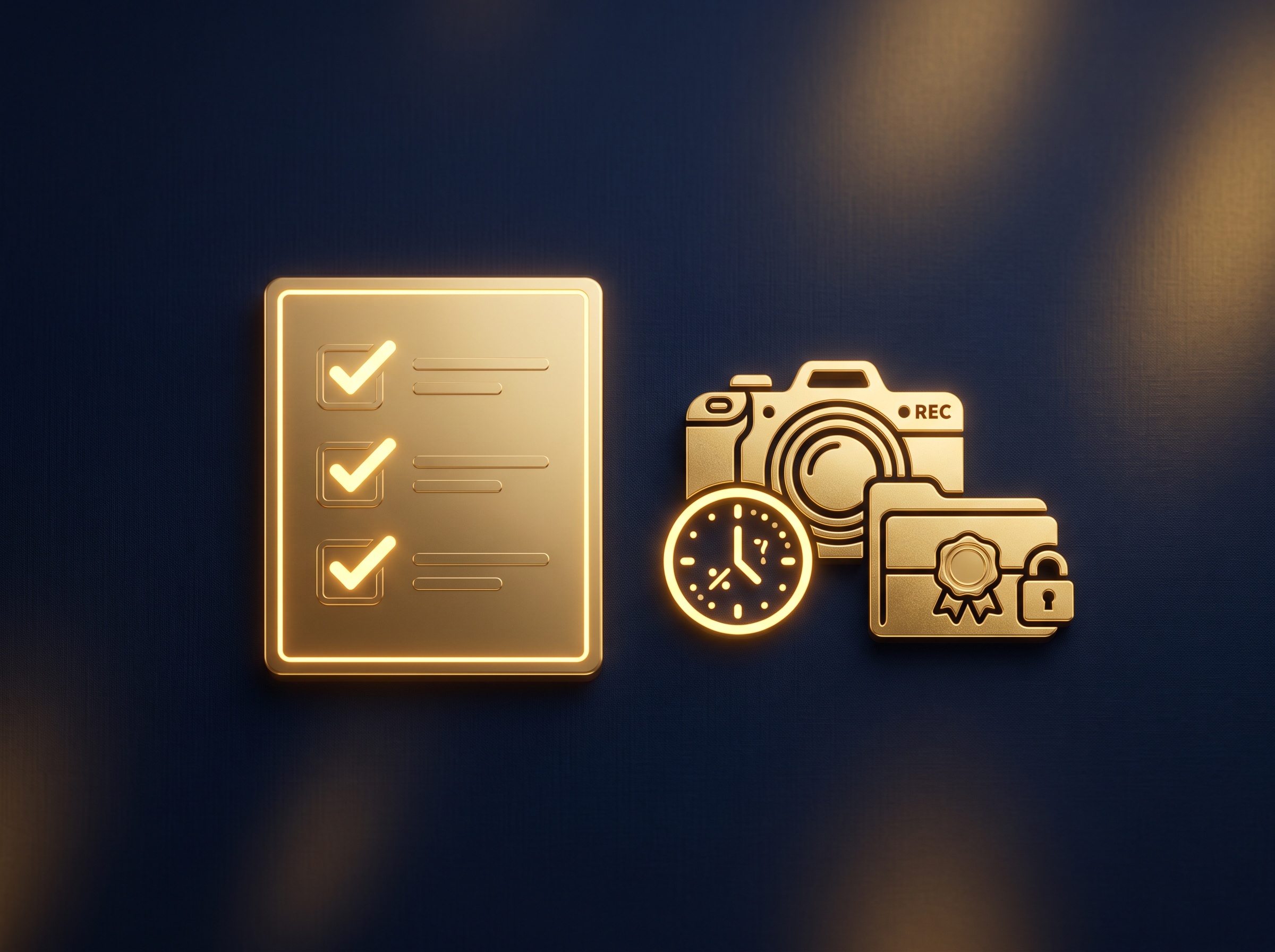 A gold checklist with checkmarks beside a timestamped-evidence icon and sealed folder, symbolising an action plan