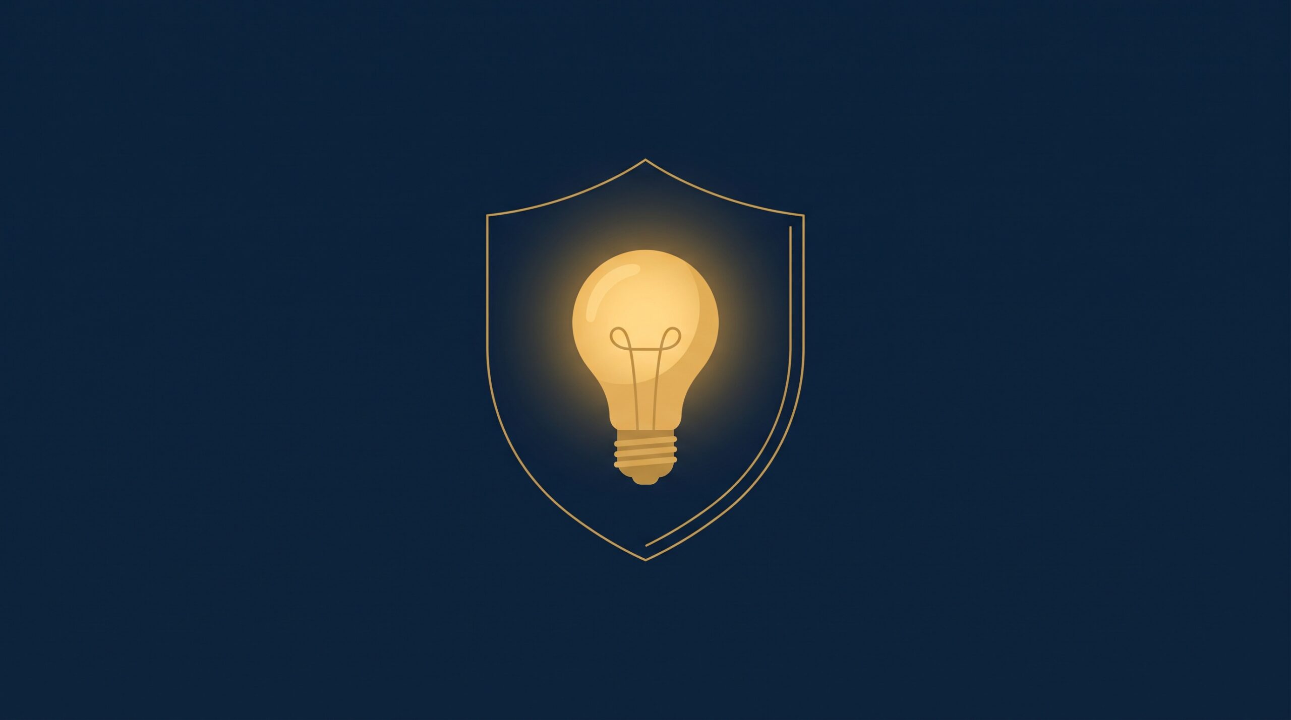 A single gold lightbulb enclosed in a thin navy shield on deep navy, suggesting protecting an idea