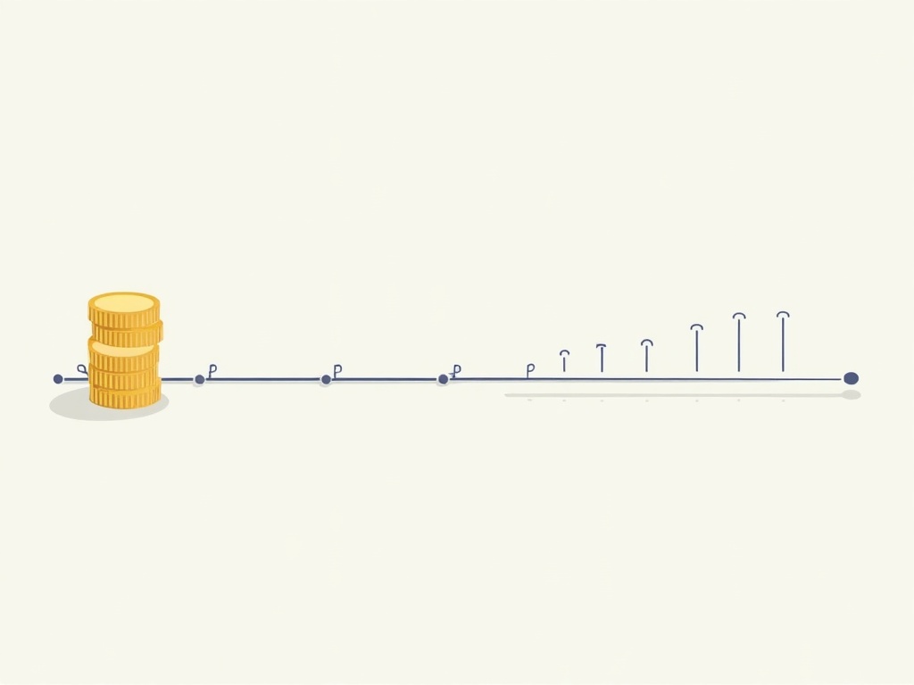 A gold coin stack beside a long navy calendar timeline, suggesting the cost and years a patent takes