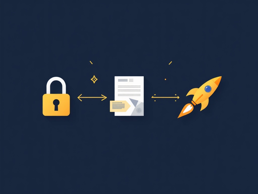Three simple gold icons - a lock, a document, and a rocket - on deep navy showing protection options