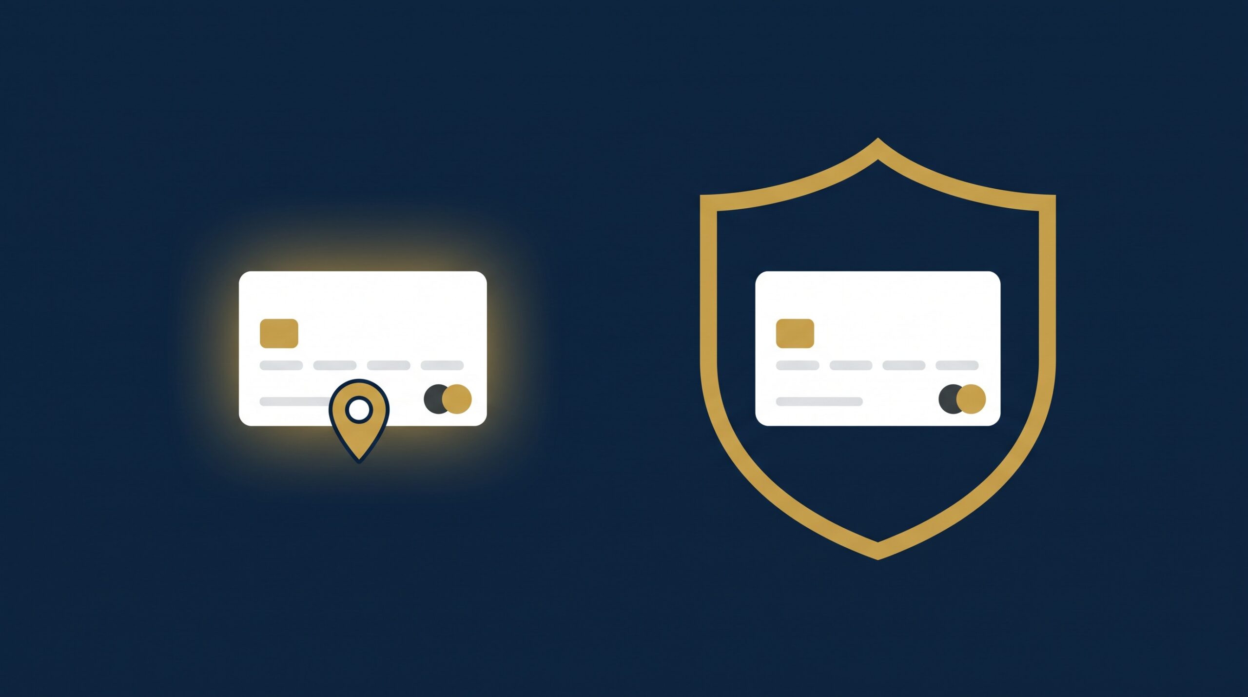 Two brand-name cards on navy: one with a small local map pin, one inside a nationwide gold shield