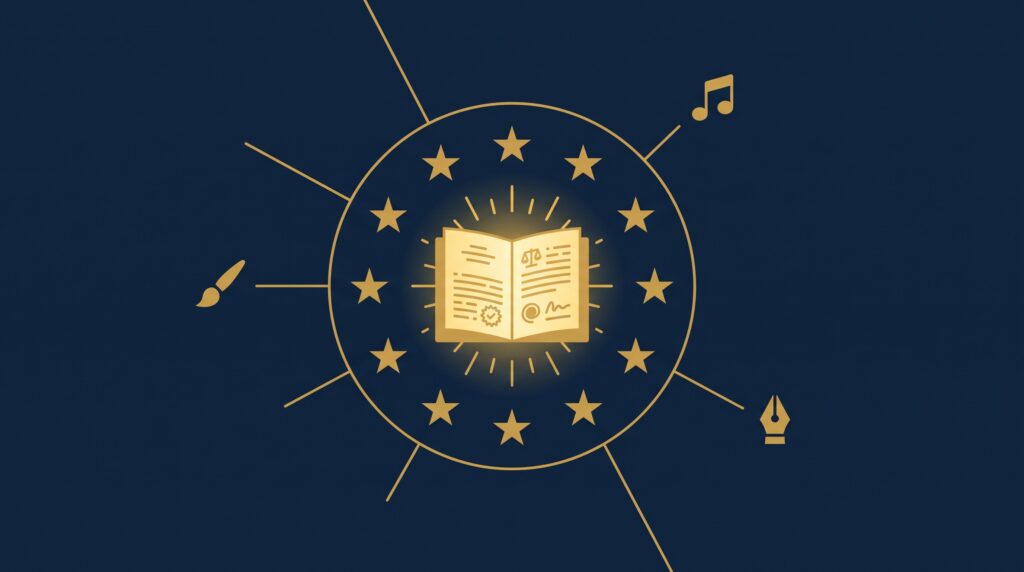 A ring of gold stars around a glowing rulebook with lines reaching to creator tool icons, evoking the EU AI Act reaching creators