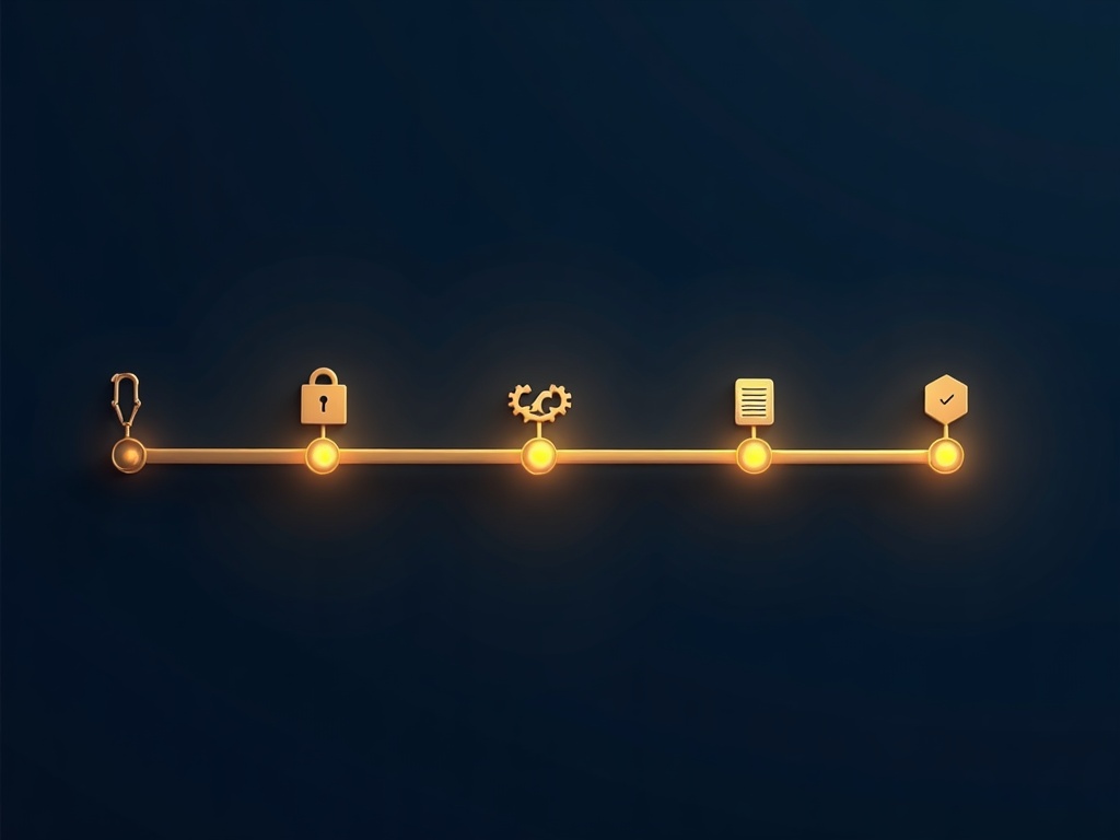 A gold timeline ribbon with four milestone dots representing the phased rollout of the EU AI Act