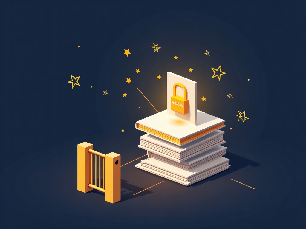 A gold gate in front of a stack of creative works marked with a padlock, representing reserving rights against AI training