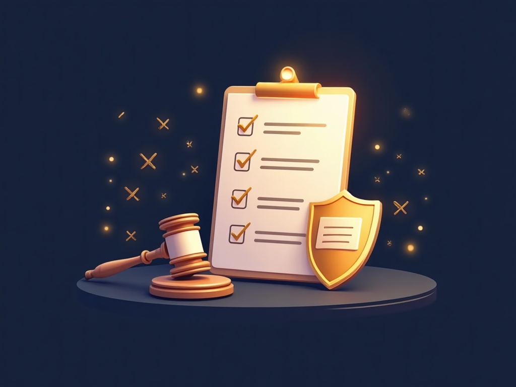 A gold checklist card beside a label tag and shield icon representing a creator's practical compliance routine