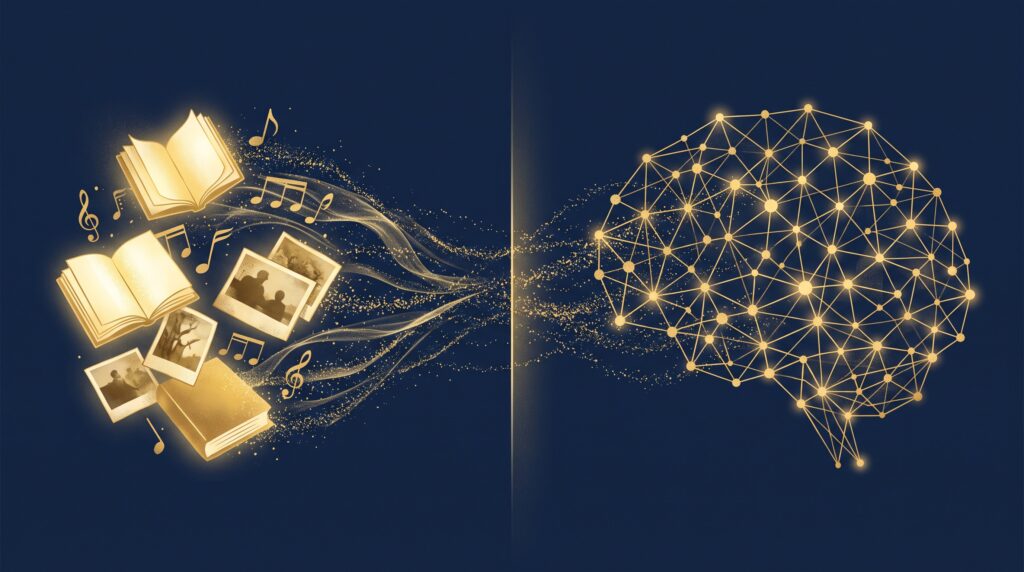 Gold books and artwork dissolving into particles that reassemble into a glowing neural network
