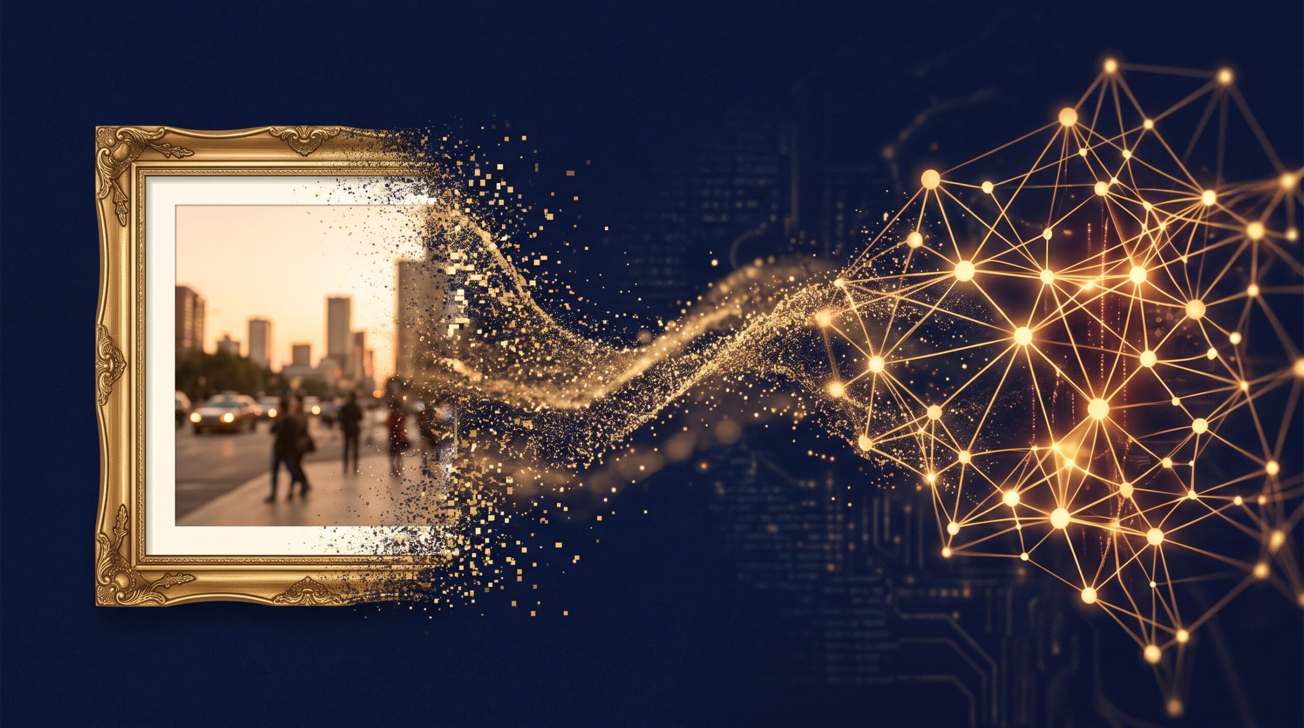 A gold-framed photo dissolving into particles that reform as a neural network, symbolising images used to train AI