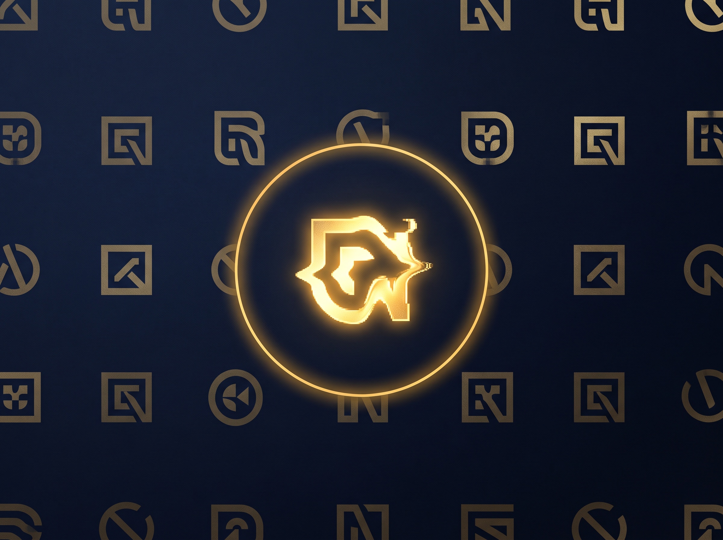 A grid of faint gold watermarks with one glowing and distorted, symbolising a brand mark appearing in AI output