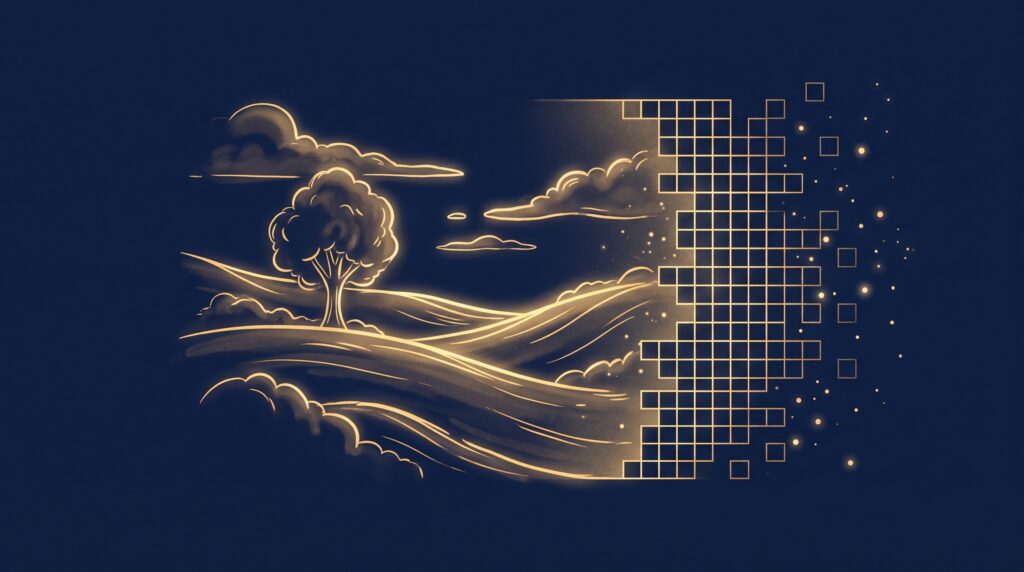 A soft painterly gold landscape dissolving at one edge into geometric pixels