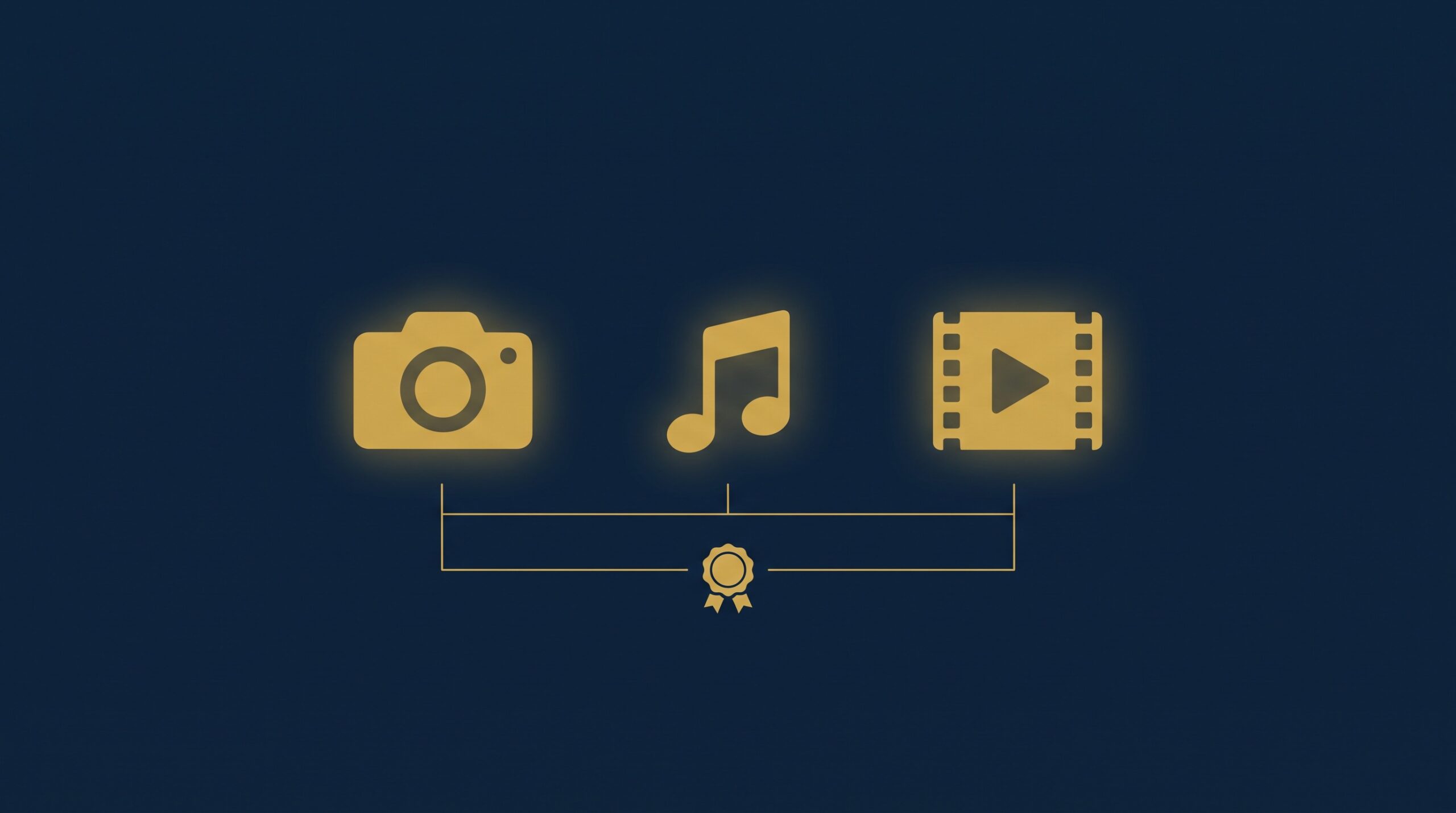 Camera, music note, and film-frame icons linked to a single registration seal