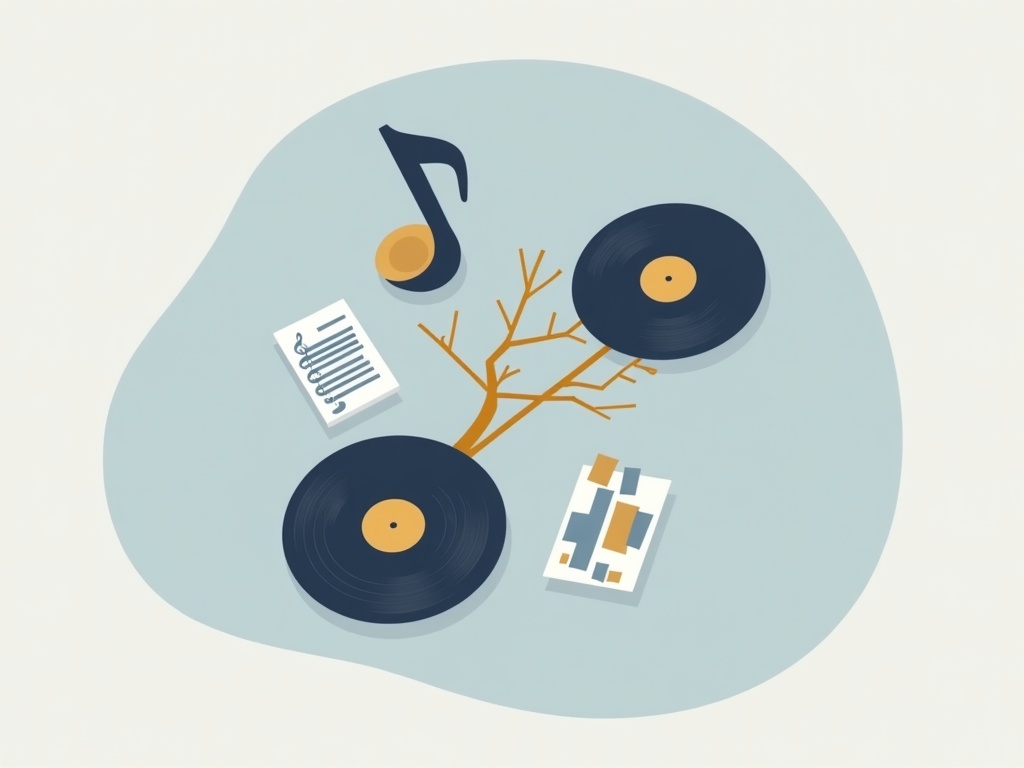 A musical note splitting into a sheet-music branch and a sound-recording branch