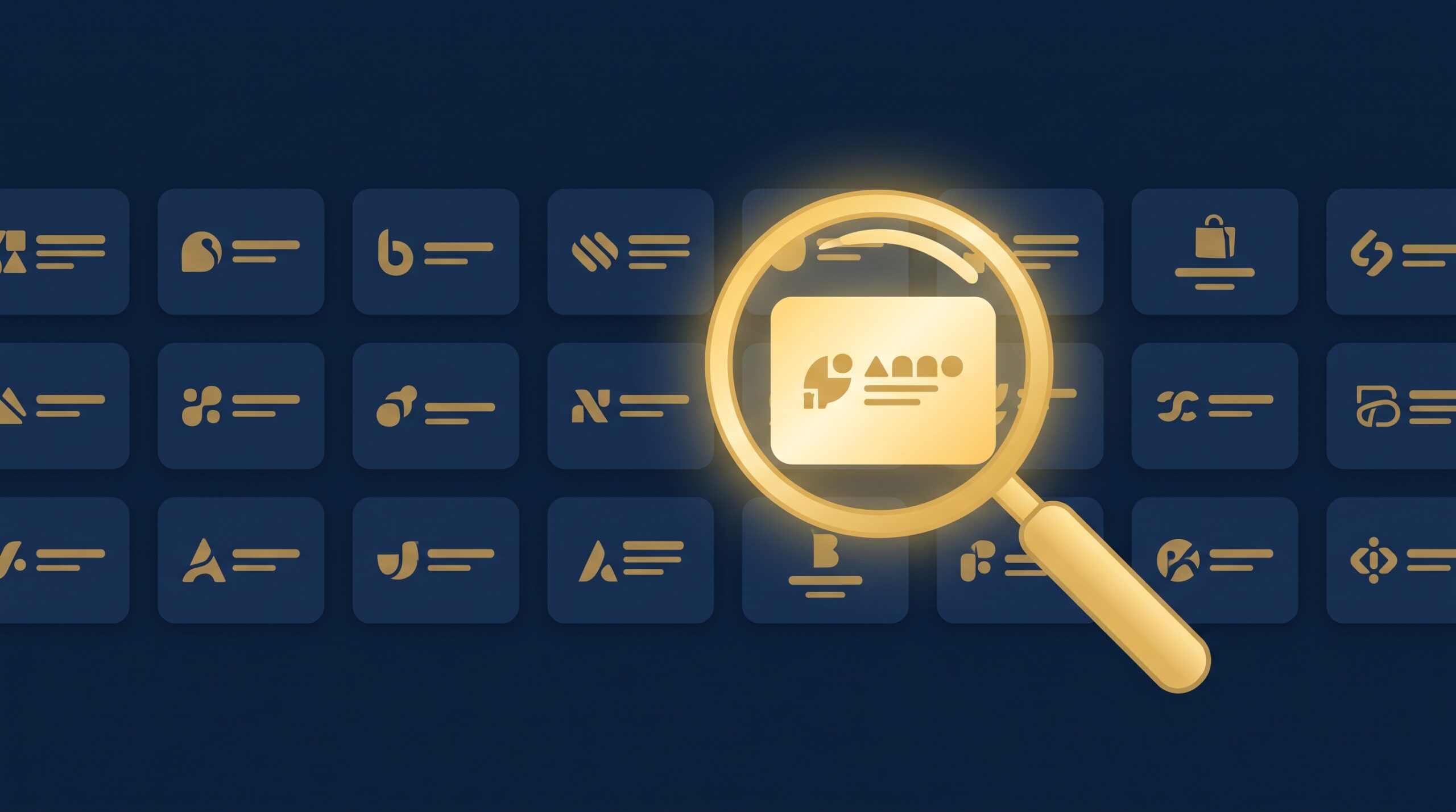 A gold magnifying glass examining a grid of brand-name tags on navy cards