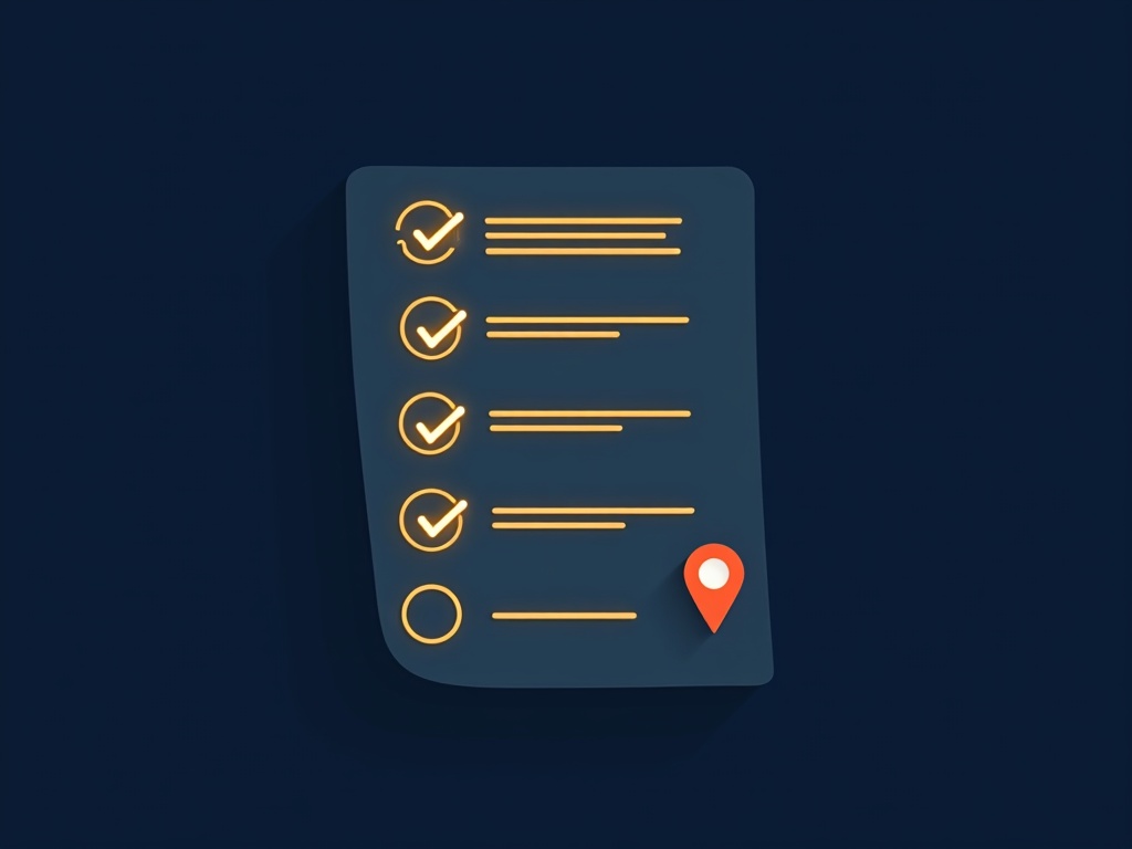 A gold six-item checklist card with a signature line, a link icon, and a location pin