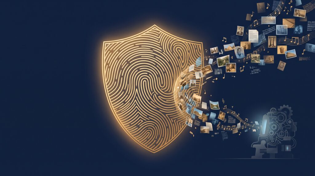 A gold shield of fingerprint line-work deflecting creative work being pulled toward a distant machine