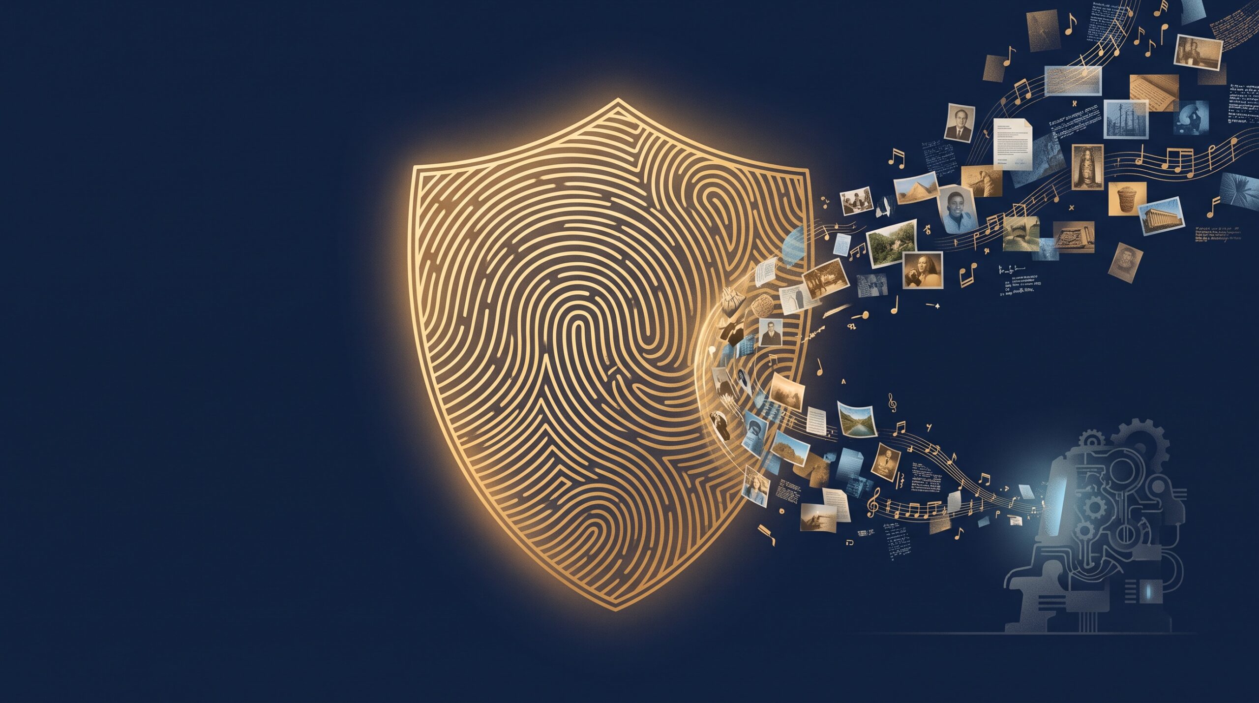 A gold shield of fingerprint line-work deflecting creative work being pulled toward a distant machine