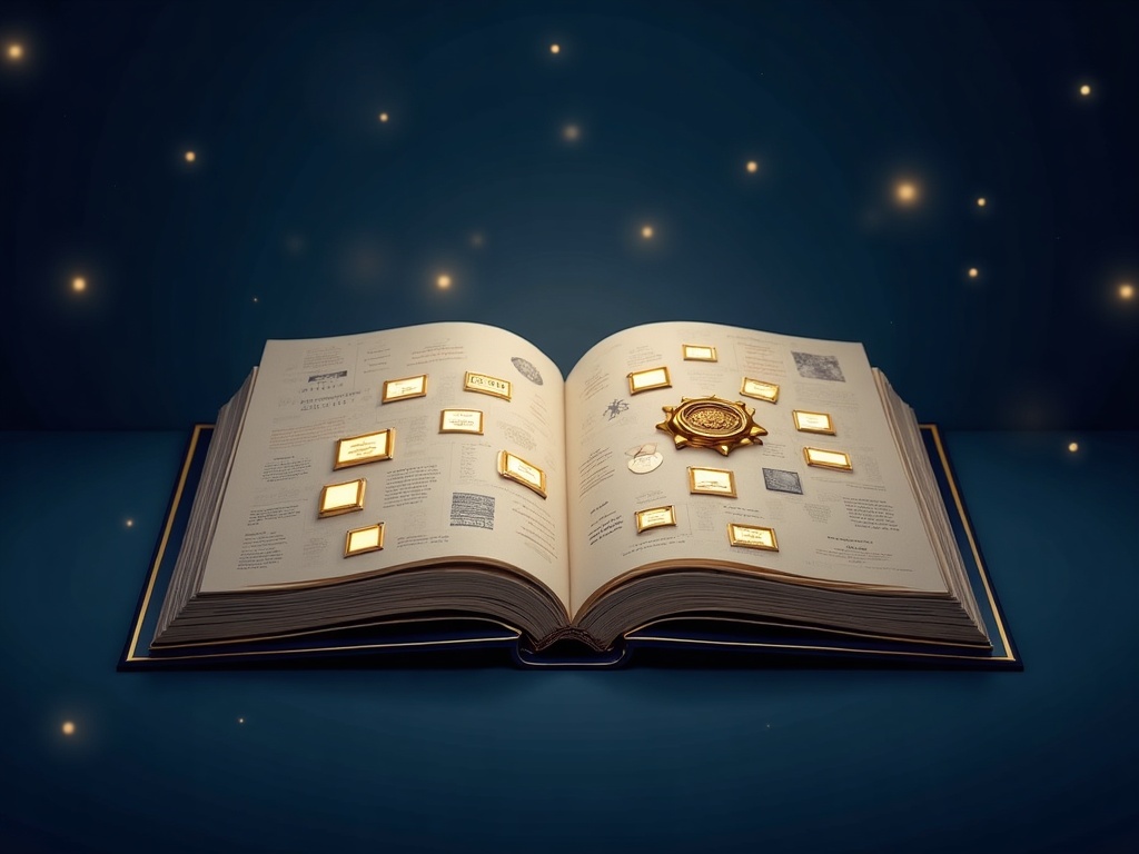 A gold registry book full of small artwork thumbnails with a gold seal on the page